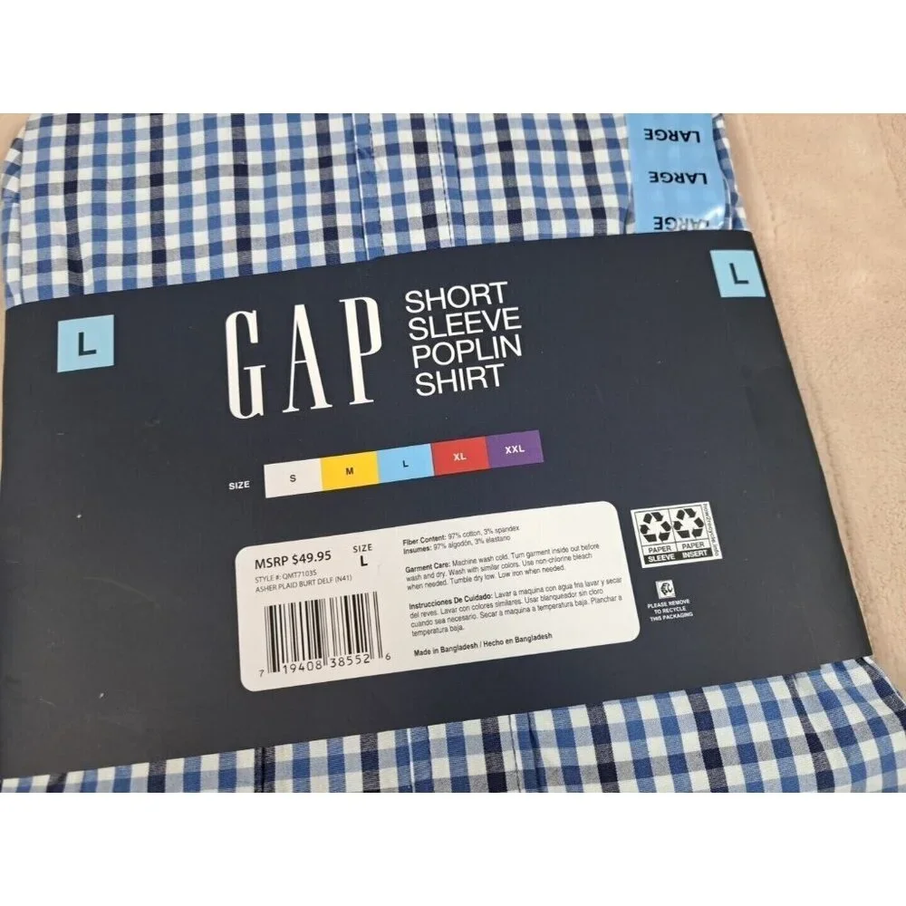 NEW Gap Men's Shirt L Short Sleeve Button Front Poplin Blue Check Spread Collar - Picture 3 of 3